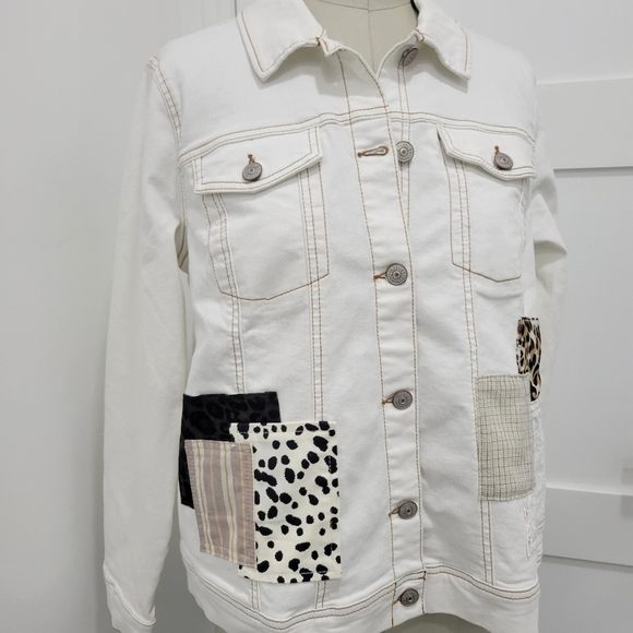 LOGO Lori Goldstein Women' Off White Denim Patchwork Button Front Jacket… - Picture 2 of 14